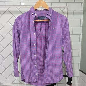 Vineyard Vines Whale Shirt Button Down Pink Blue Gingham Youth Medium